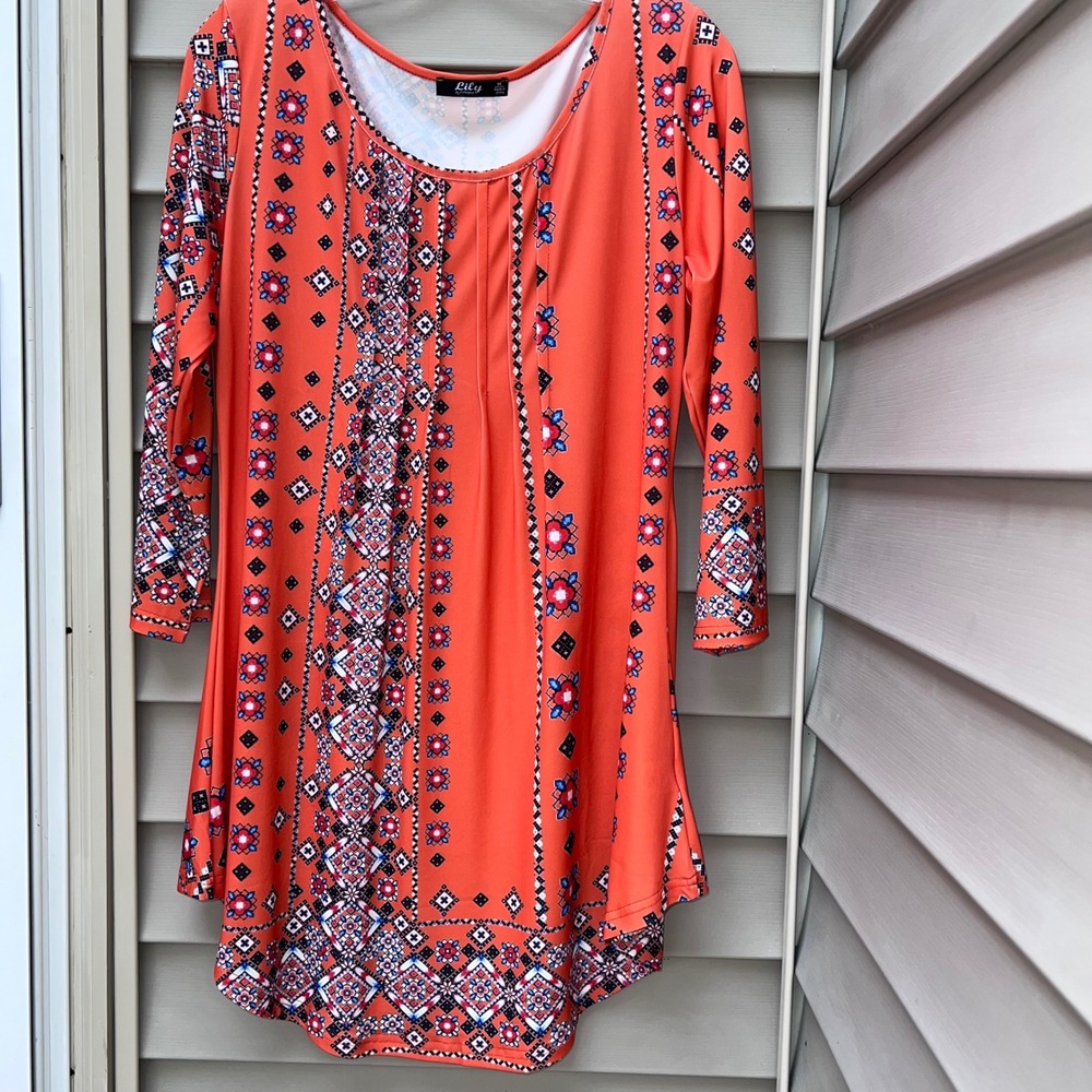 Lily by‎ Firmiana M Geometric Floral dress 3/4 Sleeve front pleats Bohemian